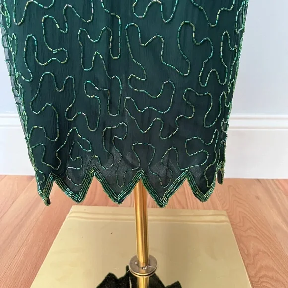 Denise Elle Vintage 80s Black Beaded Sequin Silk Cocktail Jagged Hem Dress PS - Picture 4 of 13